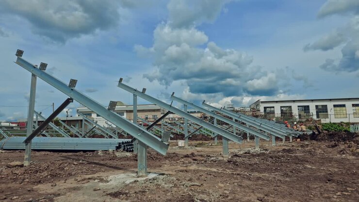 Building of a new solar farm. Teamwork of engineers constructing metal basis for solar panels under cloudy sky. Time lapse.