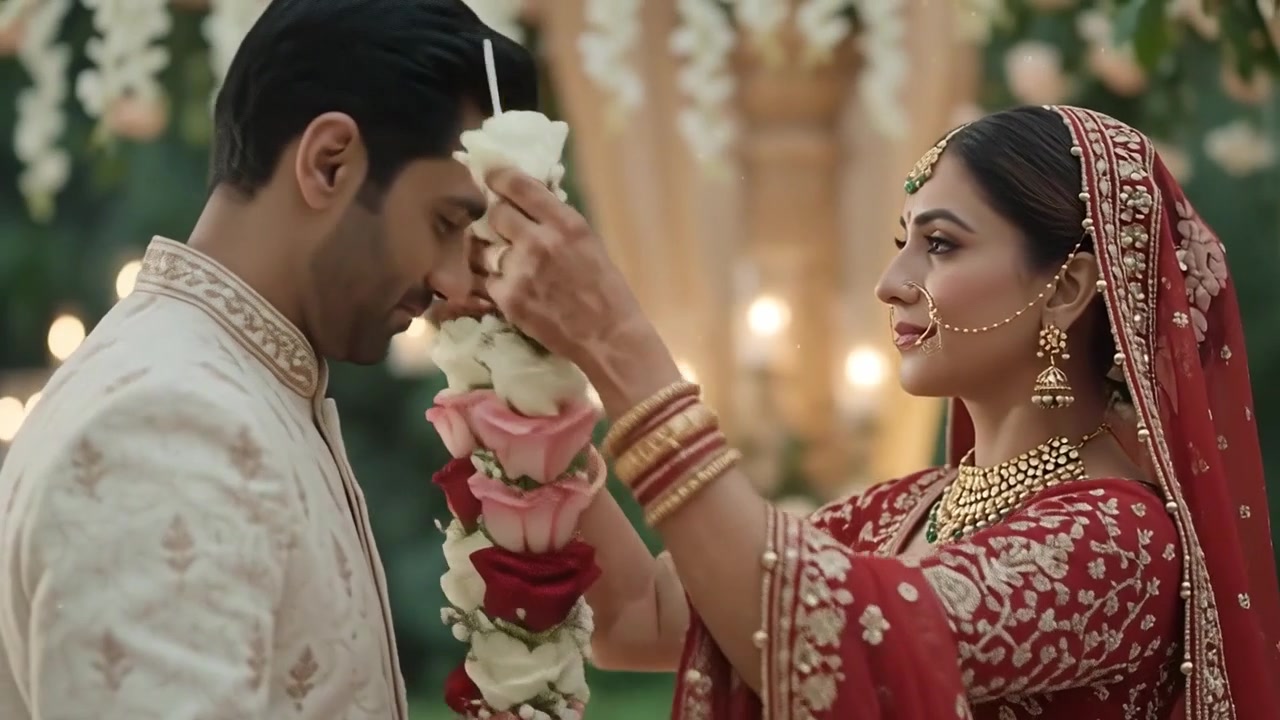 Indian Bride and Groom Exchanging Floral Garlands at Wedding Ceremony