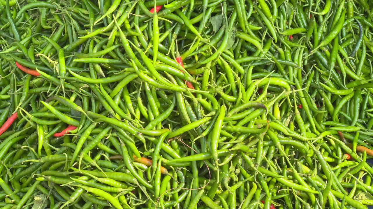 A pile of freshly harvested green chillies displayed in a market places for sale