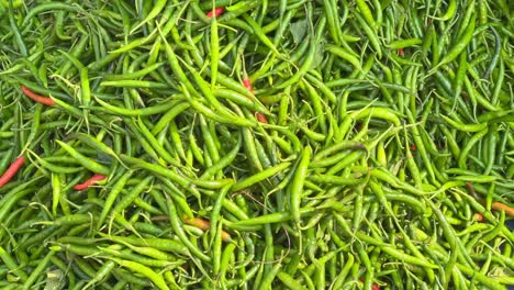 a pile of freshly harvested green chillies displayed in a market places for sale