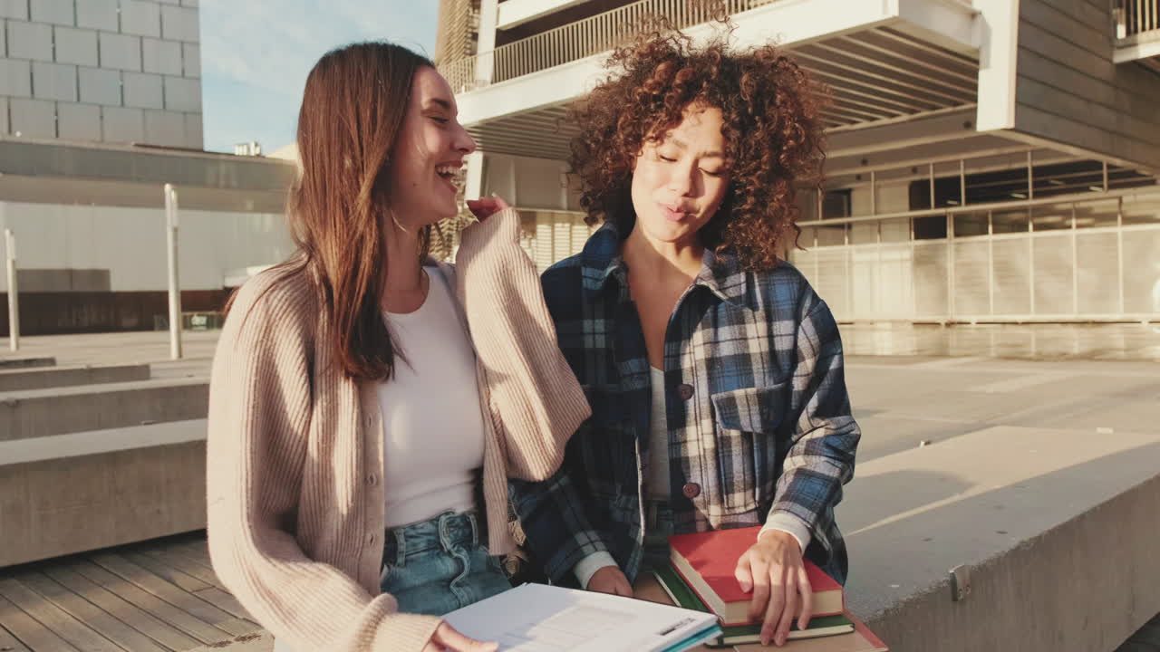 Duas estudantes rindo e estudando juntas ao ar livre