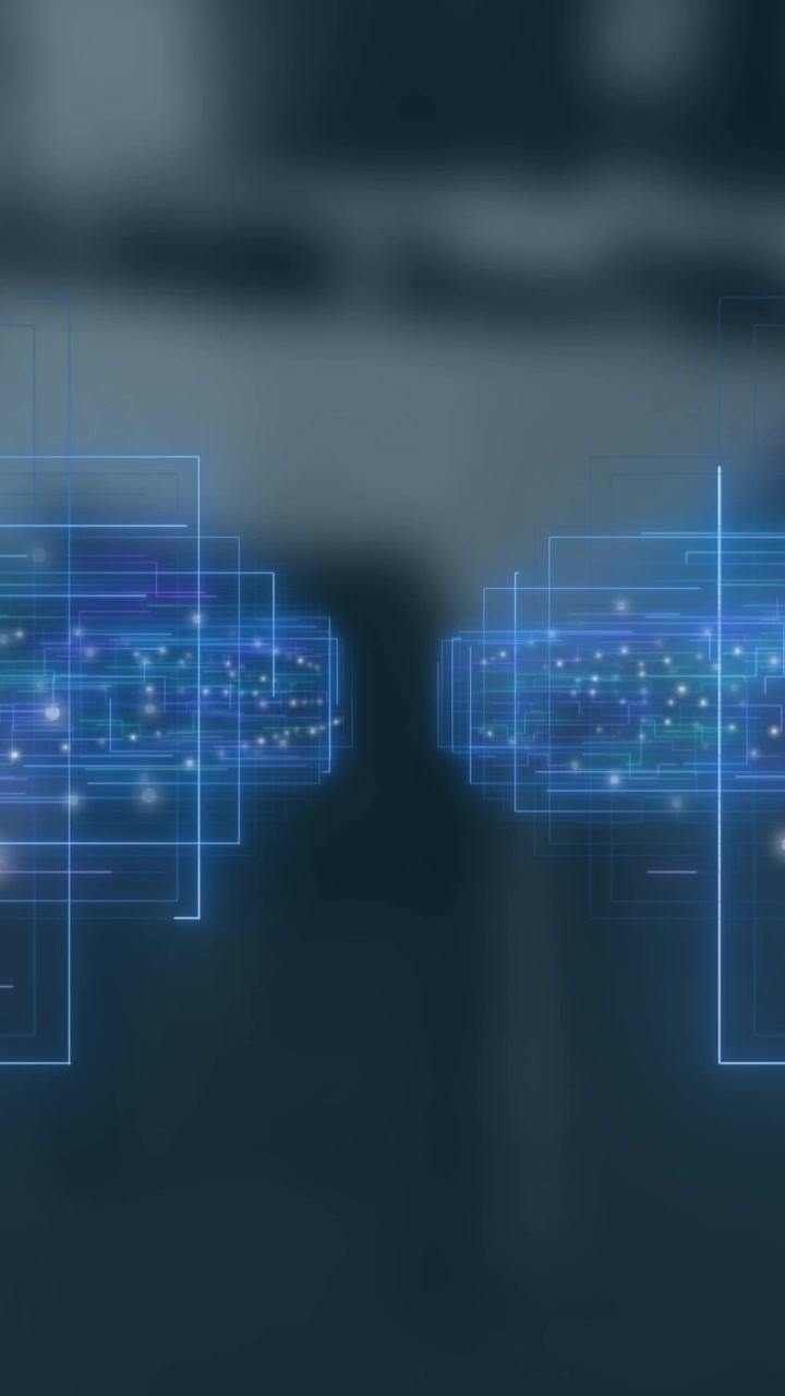 Animation of blue light trails moving against empty office