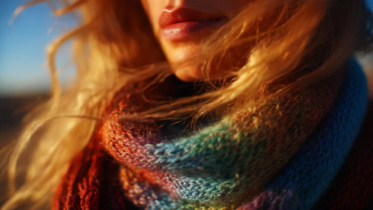 A Close-Up of a Young Woman with Flowing Blonde Hair Wearing a Colorful Knit Scarf under a Beautiful Golden Hour Light, Capturing the Warmth and Texture of the Fabric as the Wind Gently Moves Through Her Hair