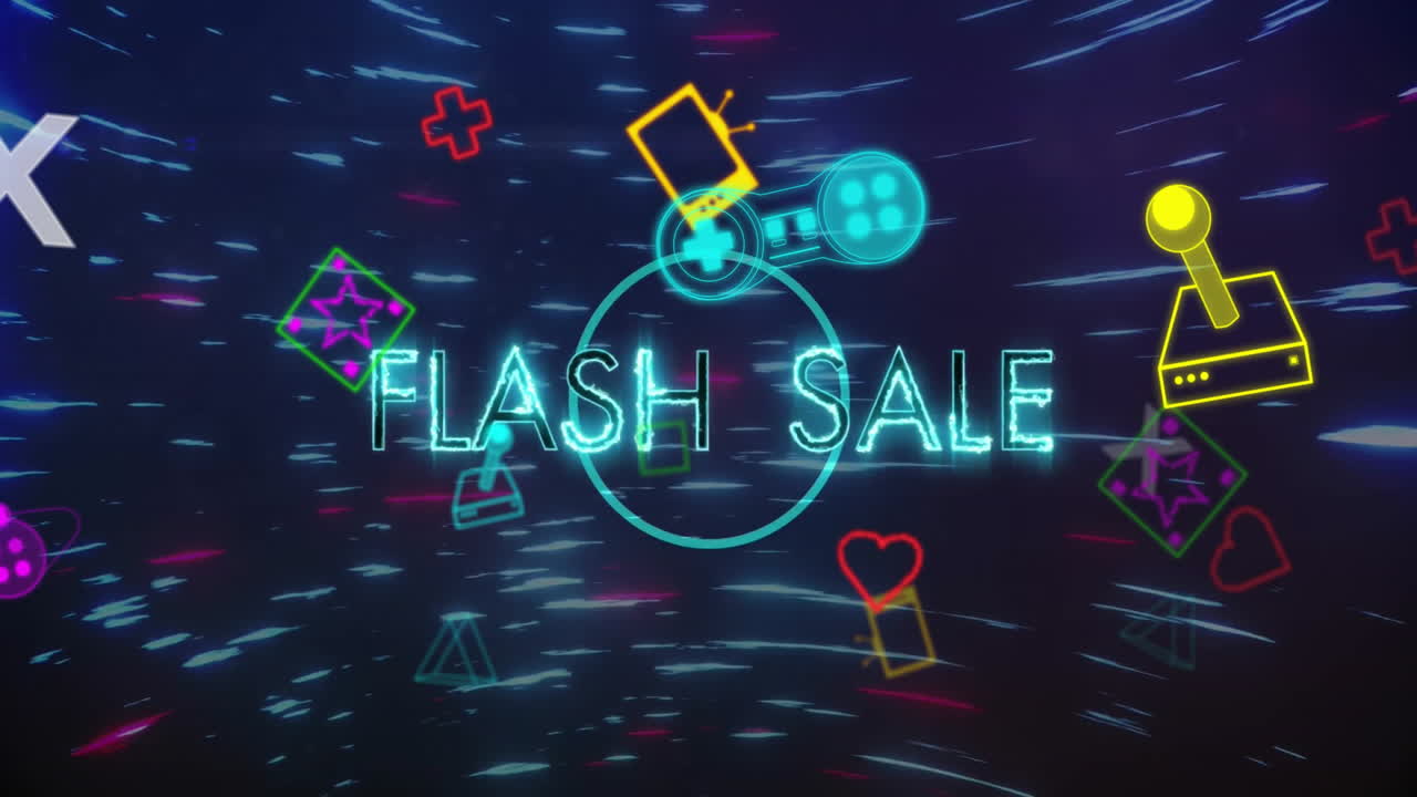 Animation of neon gaming icons and flash sale text over light trails on black background