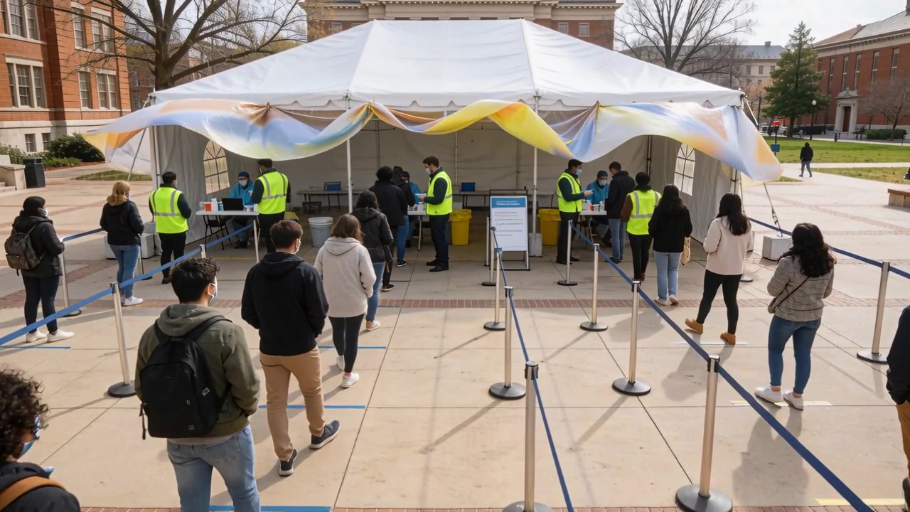 Staff in yellow vests signaling, students stepping on campus blue tape approaching tent to register