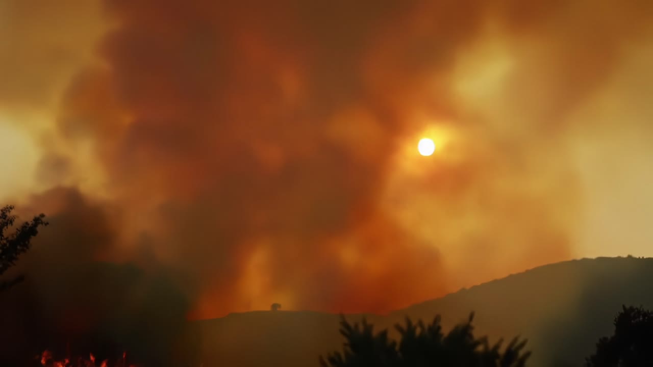 Forest Fire Consumes Landscape at Sunset, Thick Smoke Obscures Sun and Creates Dramatic Effect