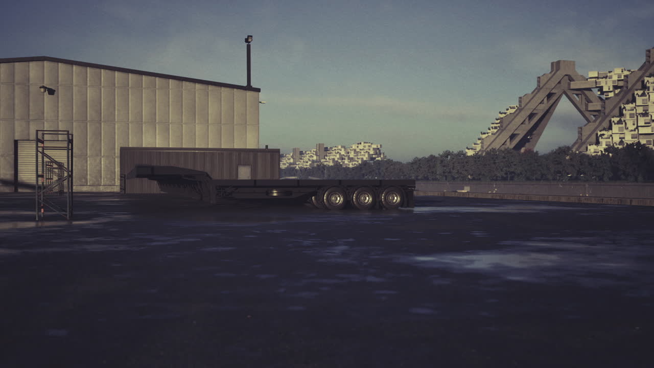Decayed factory yard with parked excavator and scattered waste