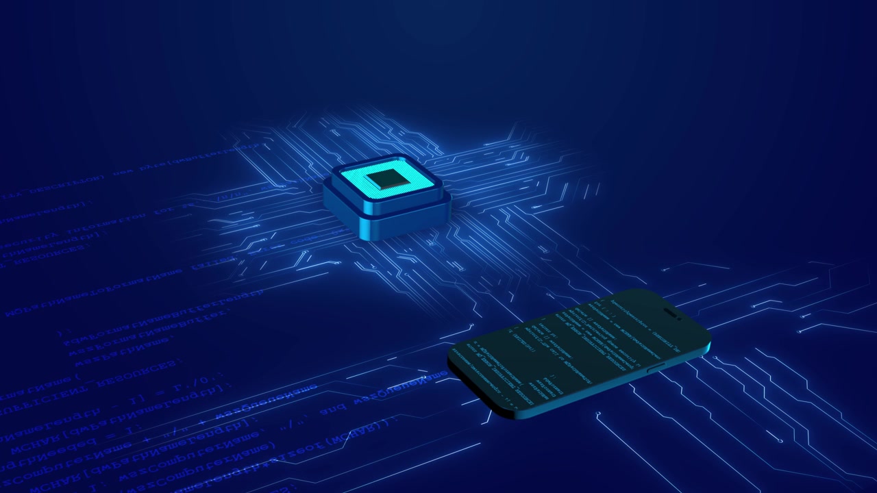 Baggrund med mobilprocessor-kredsløbsteknologi med svævende chip, smartphone-kode og glødende blå