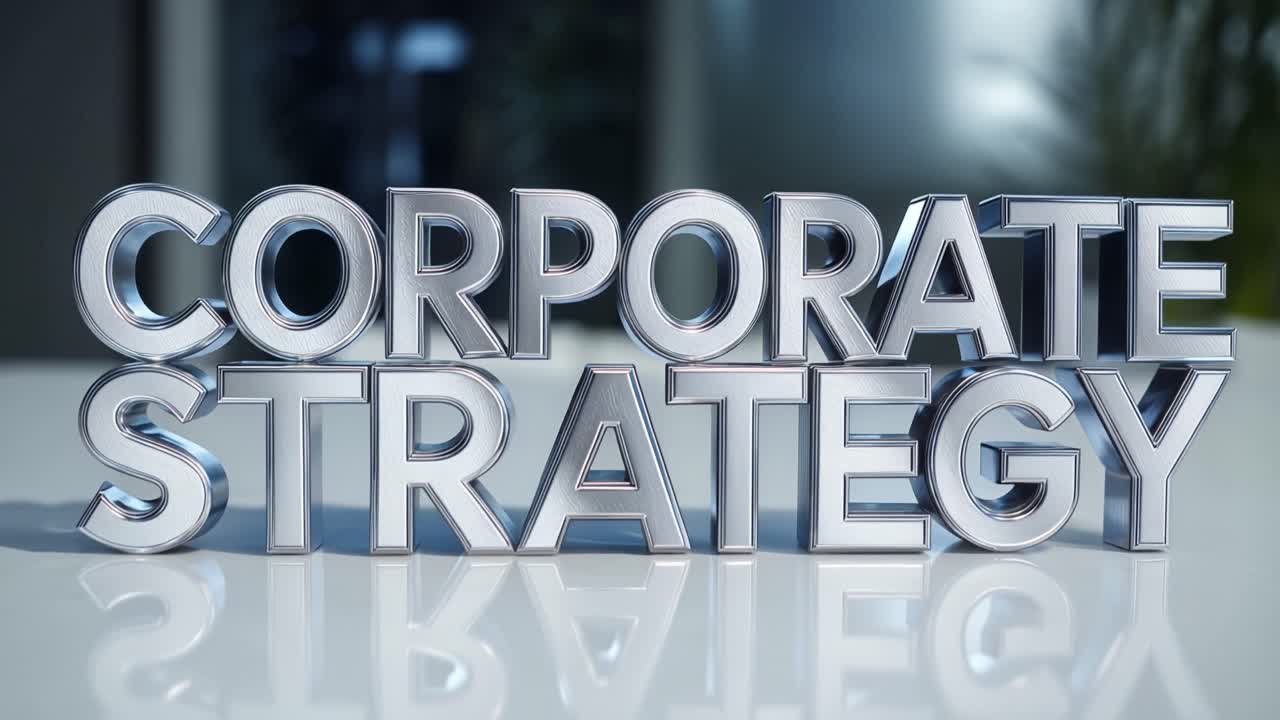 Lucide lettere metalliche compongono "strategia aziendale". Riposano su una superficie bianca e pulita. Una luce soffusa si riflette sui loro bordi. Lo sfondo sfocato suggerisce uno spazio ufficio moderno