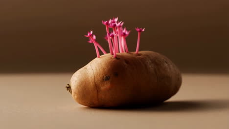 sprouting potato with vibrant pink shoots