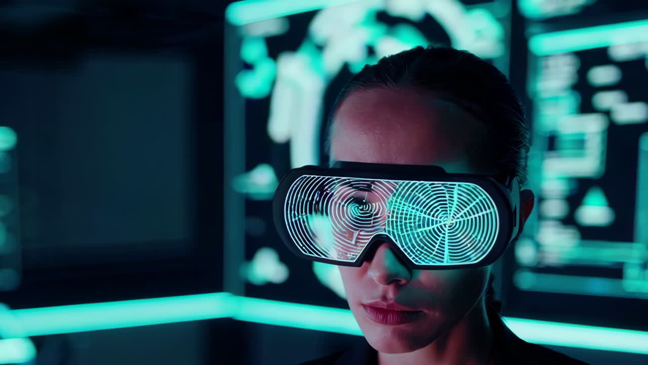 Woman Wearing VR Headset in Futuristic Setting
