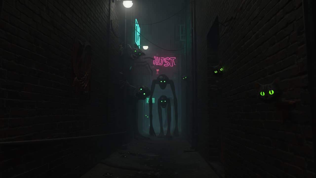 Eerie Encounter in an Alley: A Haunting Scene Featuring Sinister Shadows and Glowing Green Eyes Emerging from the Dark Corners of a Foggy Urban Environment