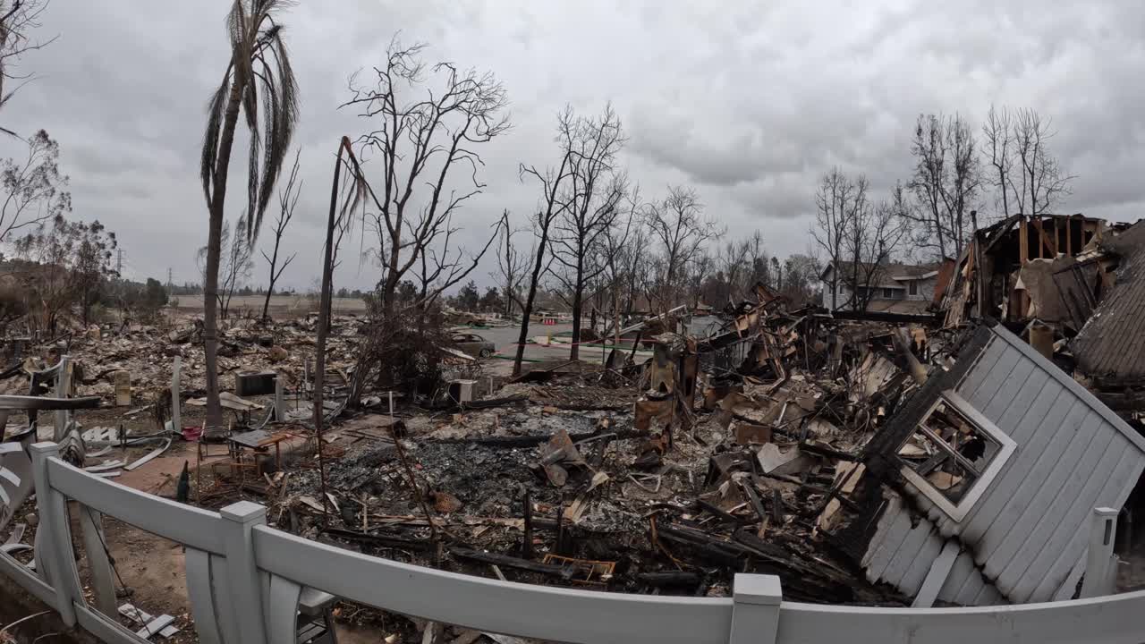 Rain falls over the blackened landscape. Embers flicker, trees stand scorched, and puddles reflect destruction. Haunting visuals perfect for news, documentaries, and climate awareness.