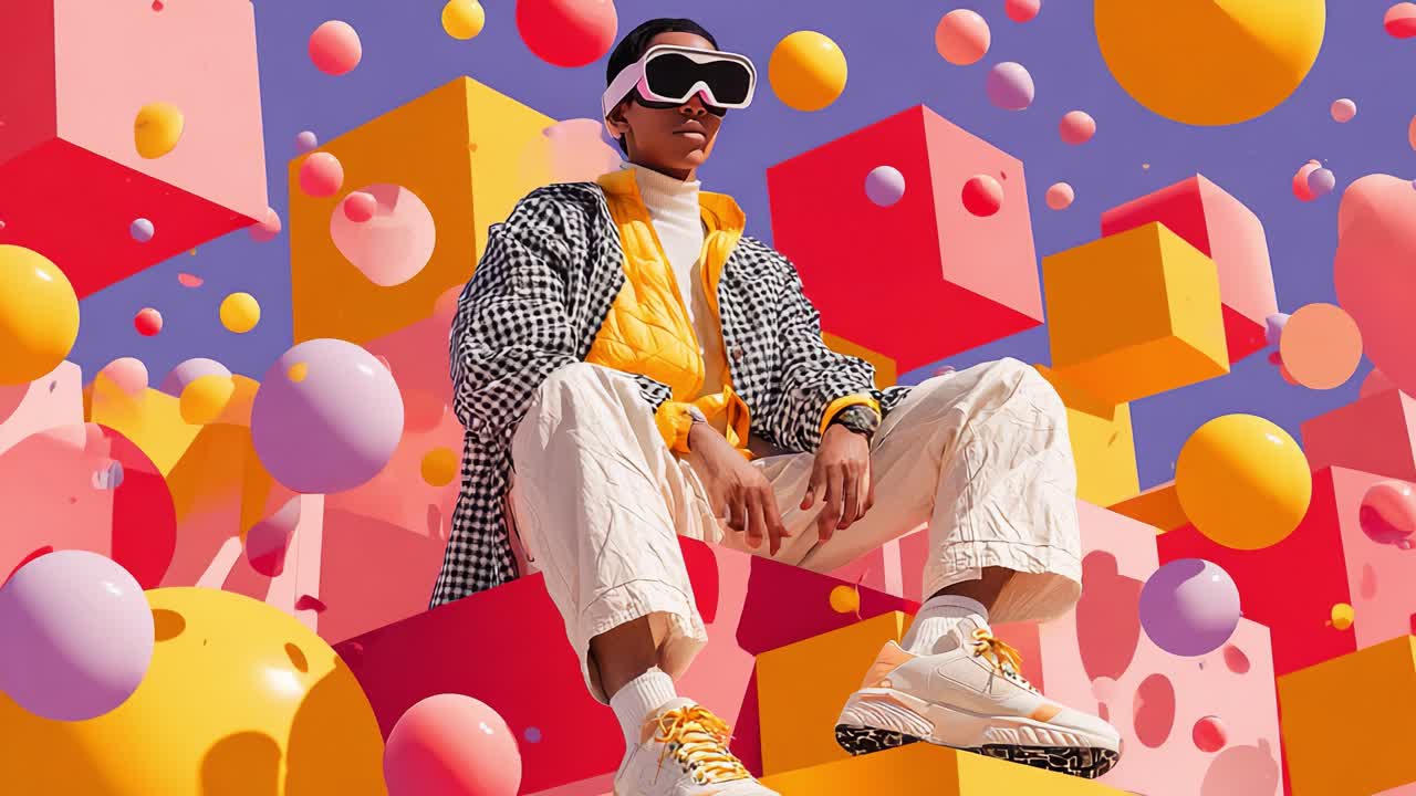 A Stylish Individual in Futuristic Attire Surrounded by Vibrant Geometric Shapes and Colorful Spheres, Capturing a Playful and Dynamic Atmosphere in a Surreal Setting