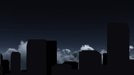animación digital de la silueta de los edificios altos contra las nubes en el cielo nocturno