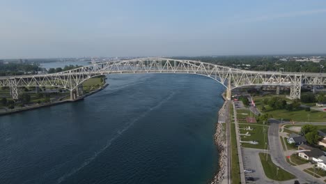 aerial flyaway of blue water bridge in port huron michigan, usa