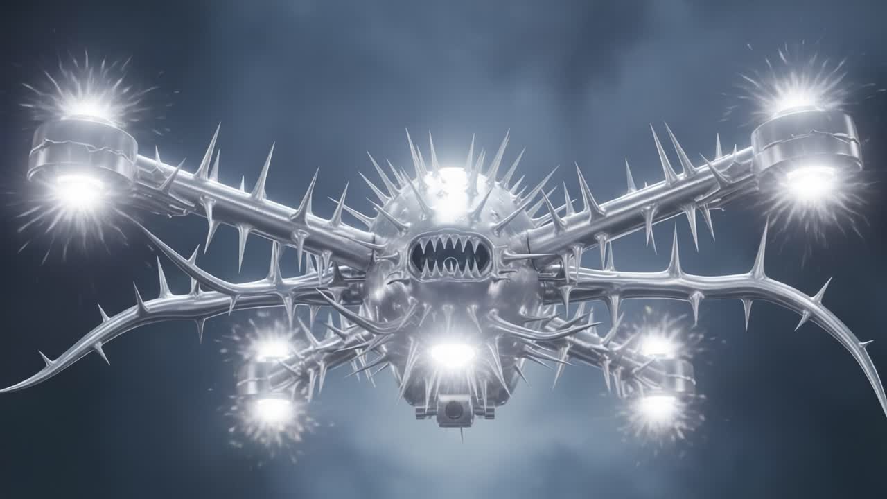 Futuristic Drone Design with Spiky Features and Powerful Lights Emphasizing Advanced Technology and Aesthetic Precision in a Dramatic Environment