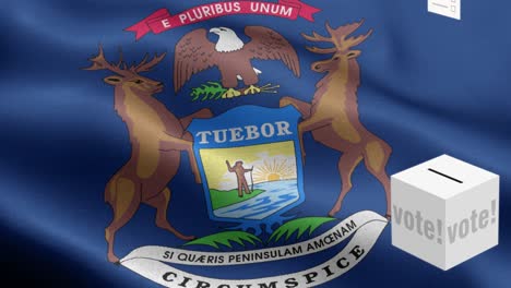 estado de michigan - las papeletas de votación vuelan a la caja para la selección de michigán - caja de votación delante de la bandera - elección - voto - bandera nacional patrón de onda del estado de michigen elementos en bucle - textura de tela y bucle sin fin - bandera en bucle del estado de michigan