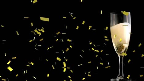 Animation-of-gold-confetti-falling-over-glass-of-champagne