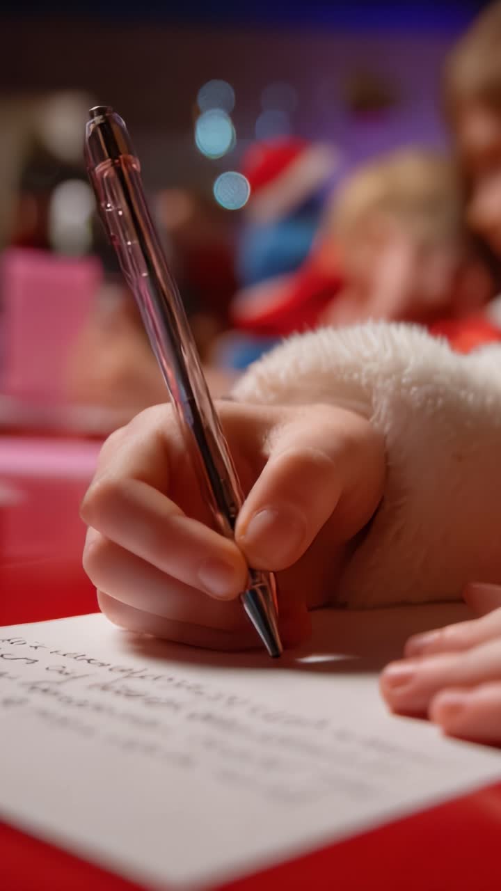 A Child's Hand Writing a Letter with a Pen, Capturing the Joyful Spirit of Holiday Tradition and Festive Cheer in a Warm Setting Filled with Excitement