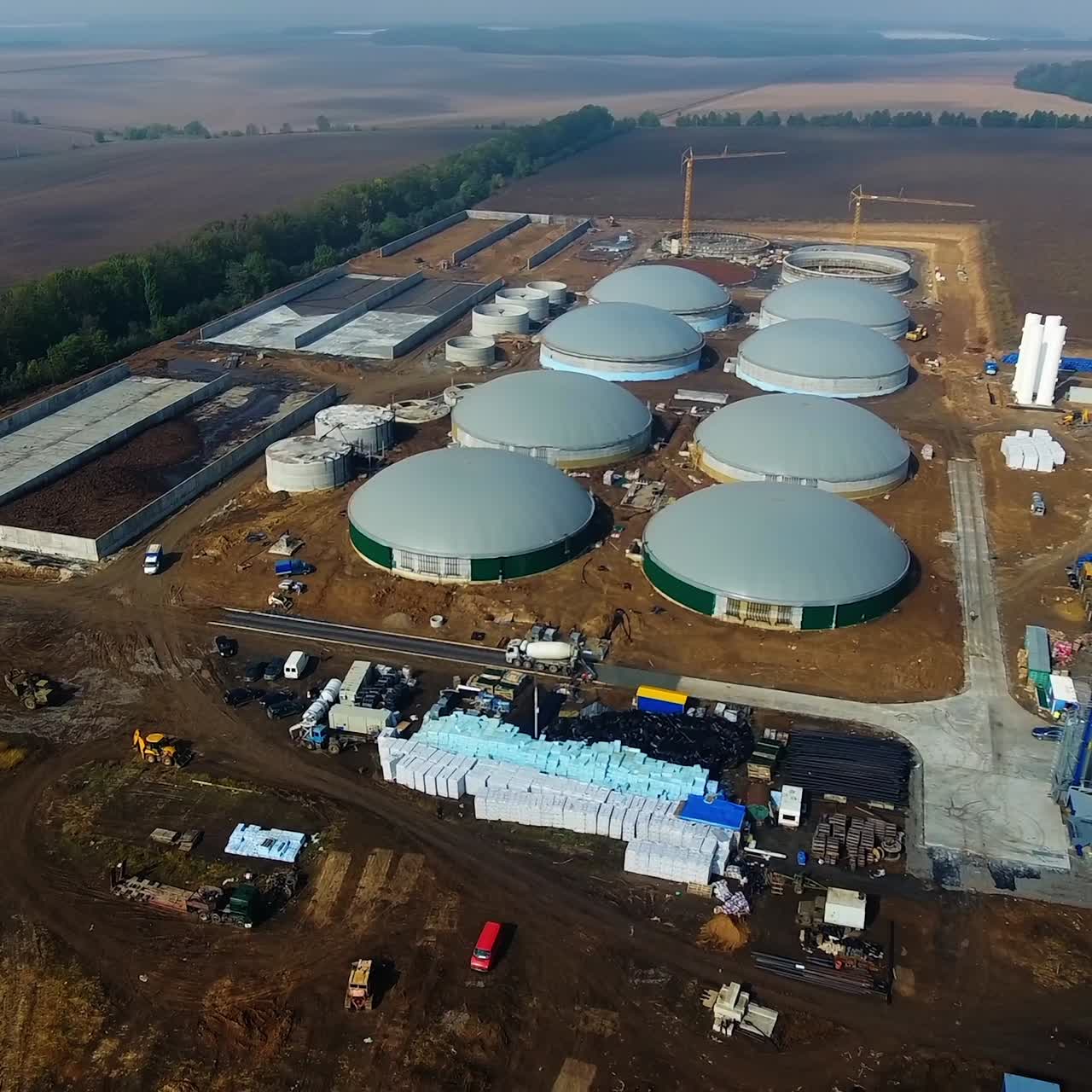 Many round roffs of bio fuel factory construction. Modern ecological production. View from above on production zone