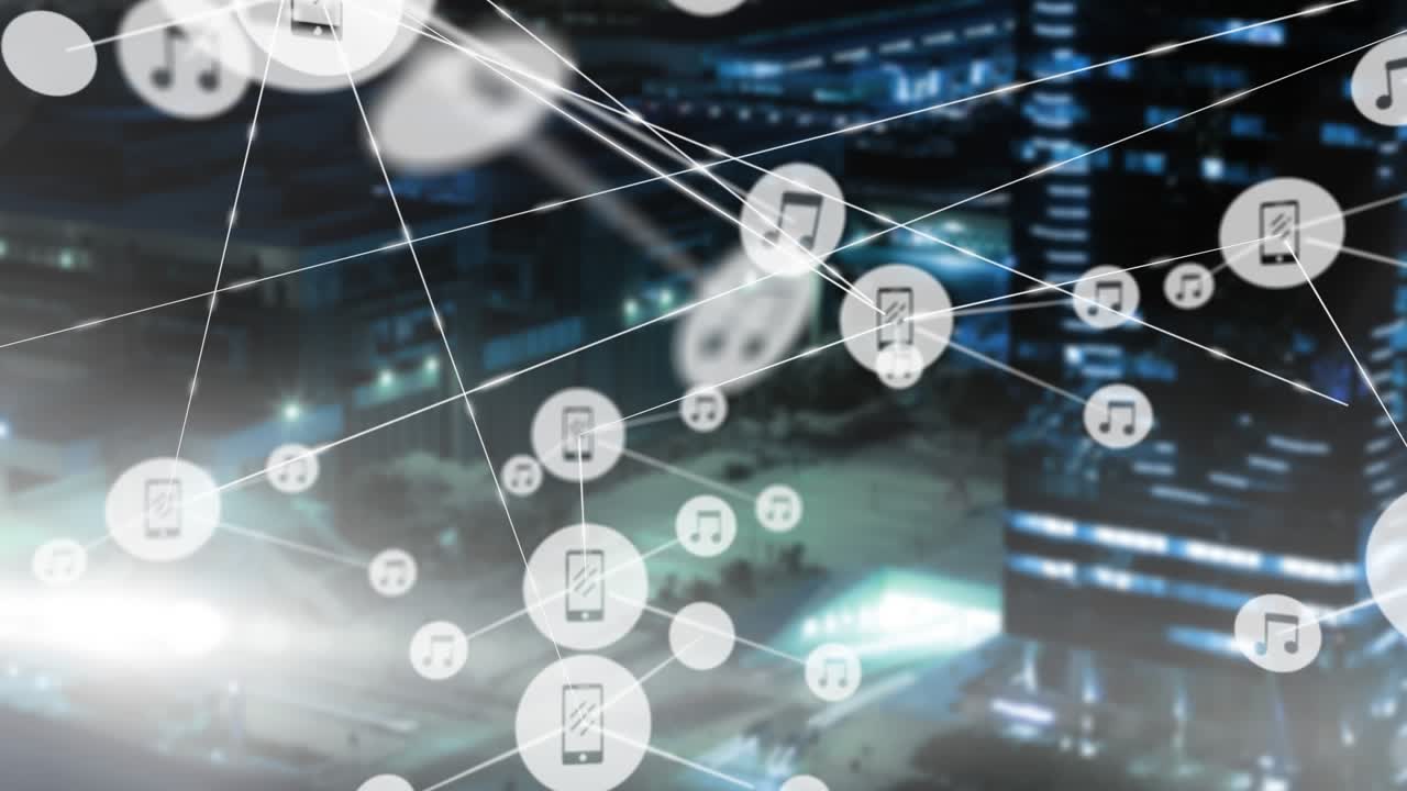 Animazione di rete di connessioni su paesaggio urbano notturno