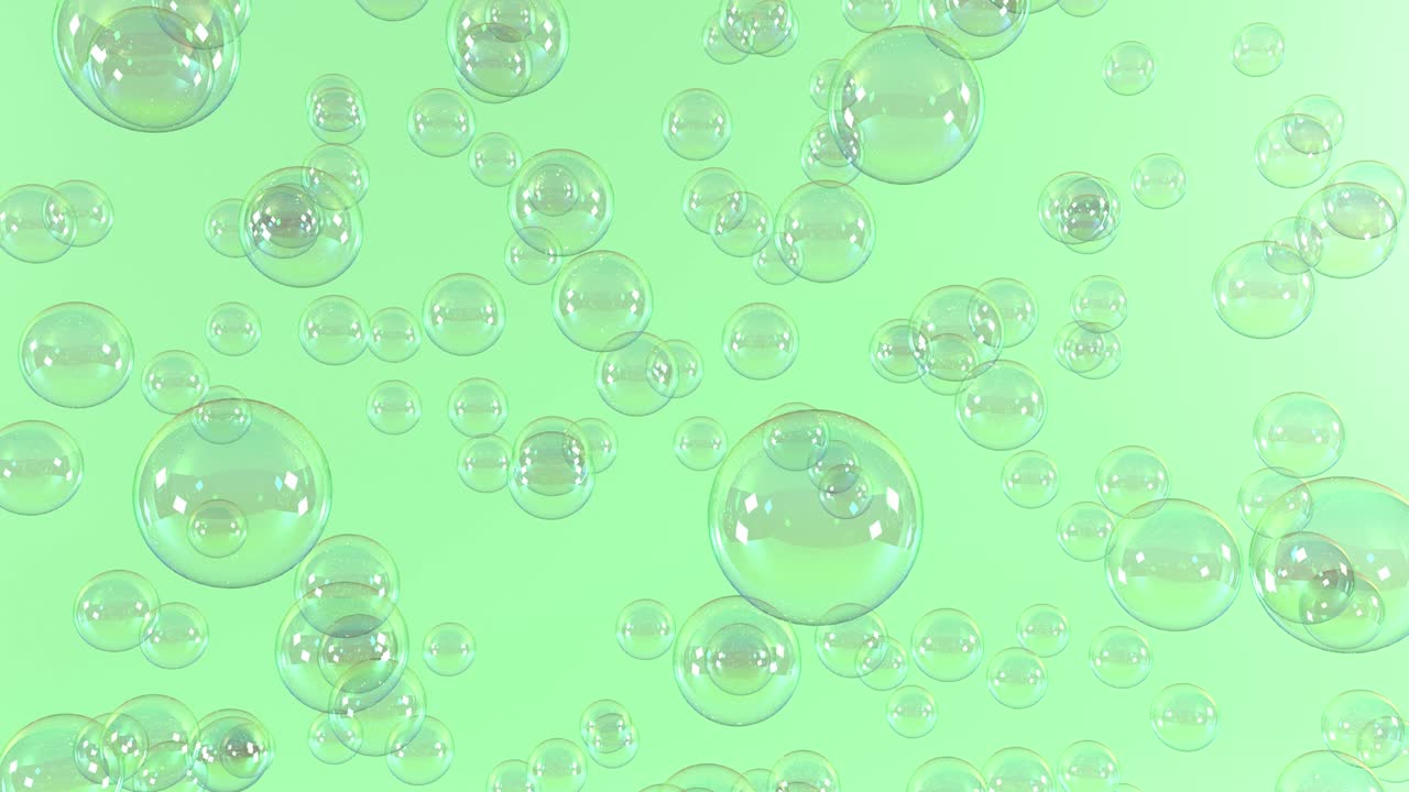 비누 거품은 녹색 배경에서 끝없는 루프로 천천히 움직입니다.