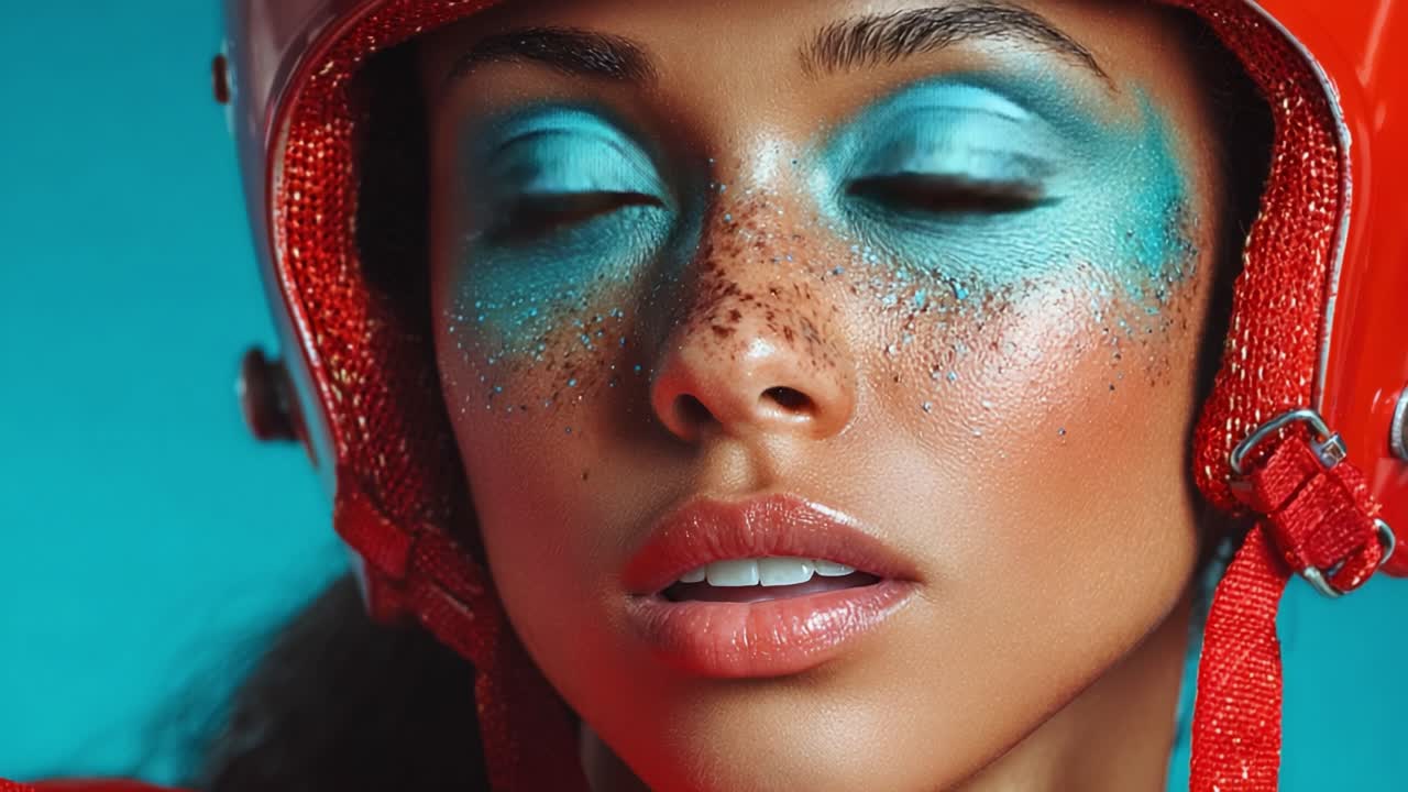 Farverigt portræt af en kvindelig atlet med markant øjenmakeup og en modig hjelm, der fanger essensen af styrke og selvtillid inden for sportsmode