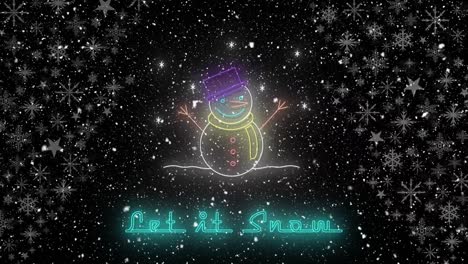 Animation of let it snow text at christmas over snowman and snow falling