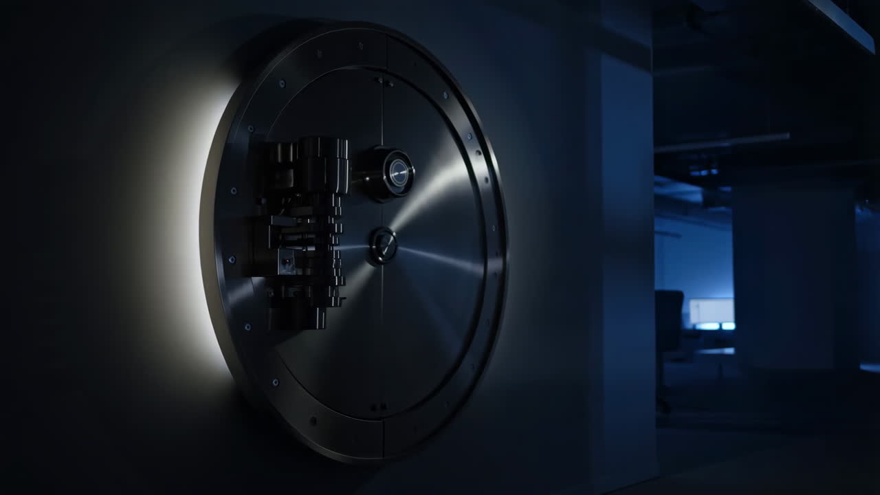 Secure Bank Vault Door in a Dimly Lit Hallway