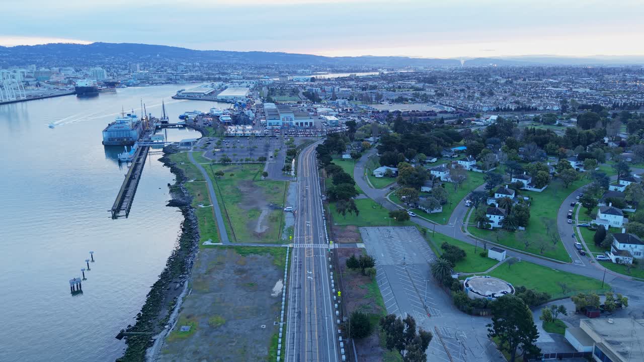 A static aerial view reveals Alameda Point’s west side as a quiet, open space with a rich naval history and bayfront access. Shot on DJI Air 3S.