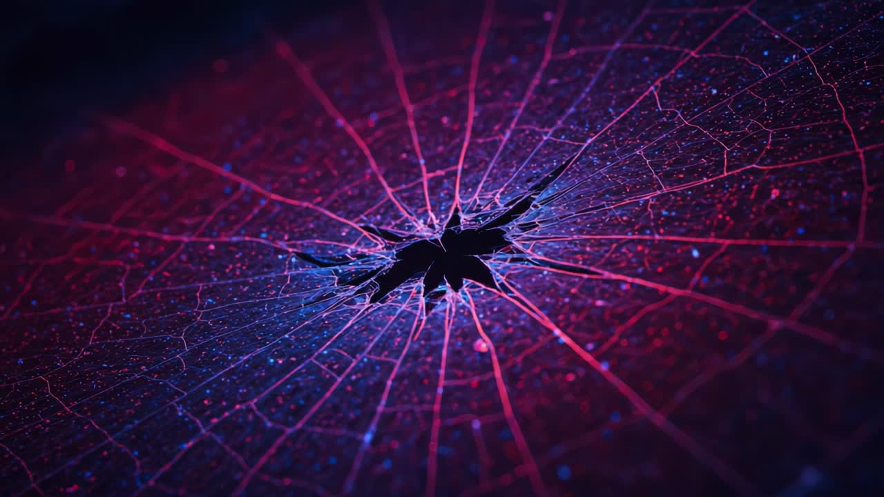 Close-Up View of a Cracked Surface with Intricate Patterns Illuminated by Dynamic Colors Creating a Striking Visual Effect