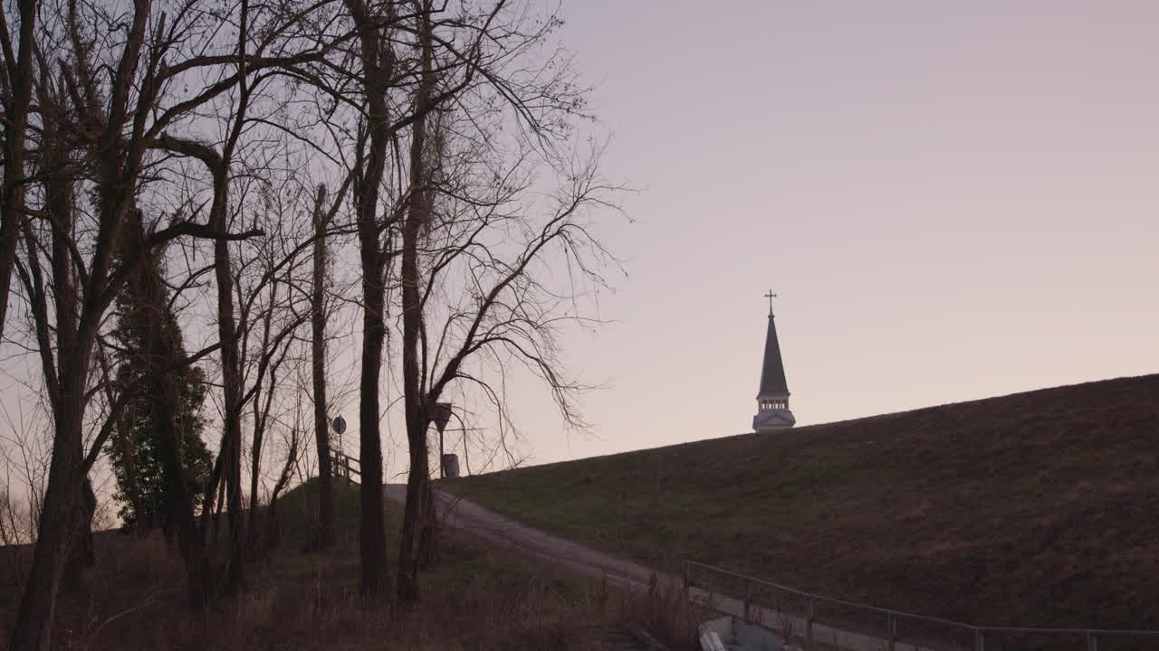 европейская колокольня за холмом и дерево на переднем плане