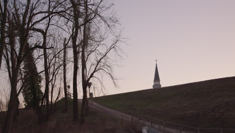 european bell tower behind hill and tree in the foreground