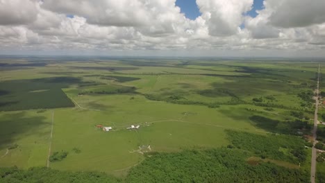 Vogelperspektive-Auf-Eine-Grüne-Savanne-Und-Eine-Baumgruppe-Mit-Schönen-Vereinzelten-Wolken-Am-Himmel