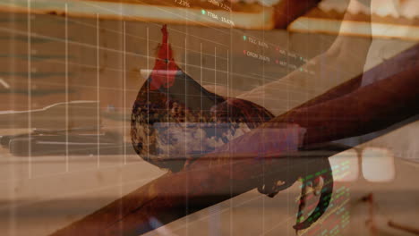 man typing smartphone in barn loft, with stock market graph overlay and red comb chicken