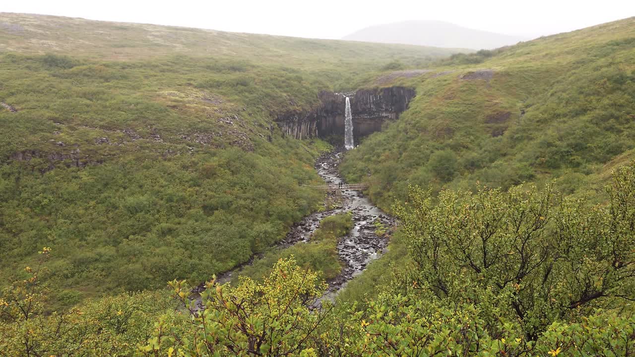 vista panorámica de la cascada svartifoss en el parque nacional de skaftafell en un día lluvioso, islandia