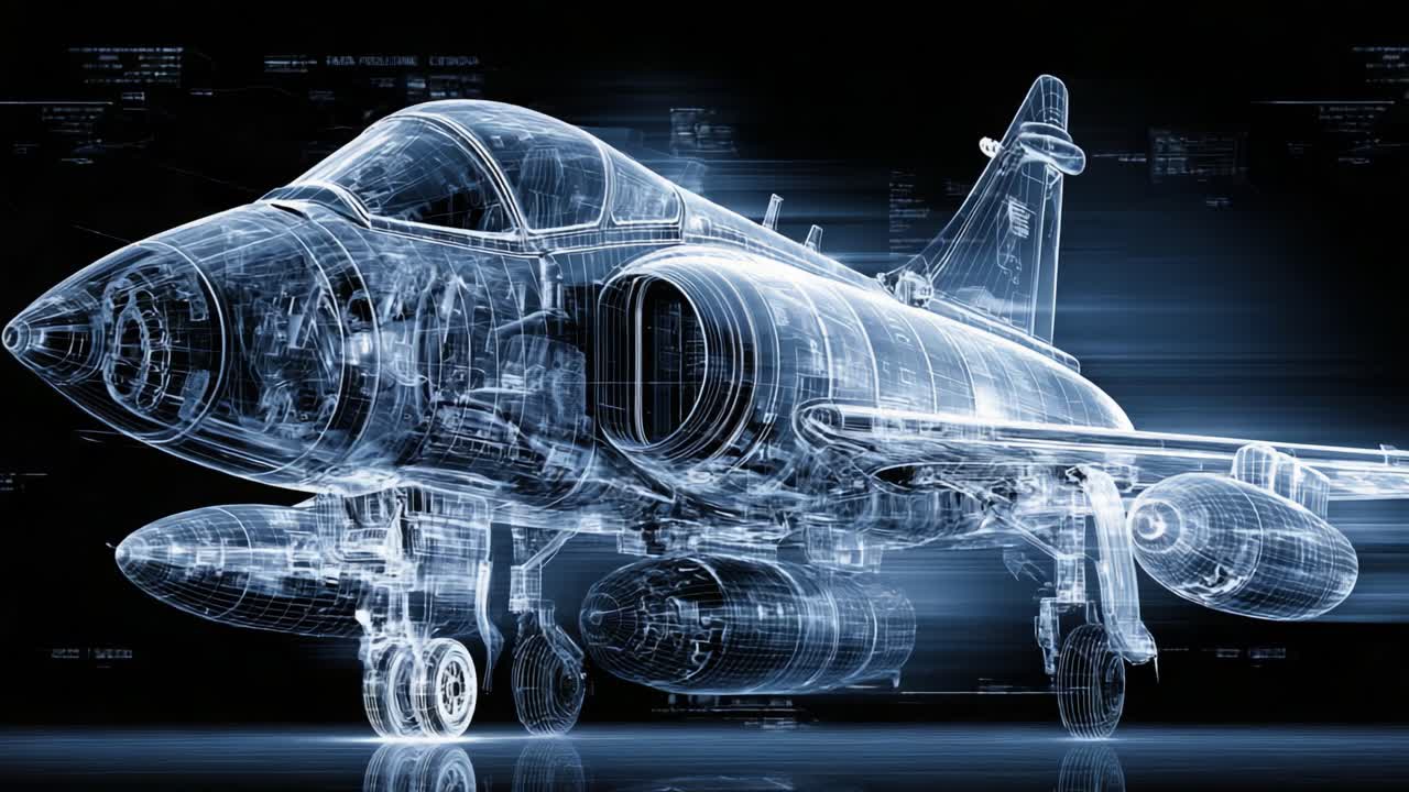 Detailed Wireframe Model of a High-Performance Jet, Showcasing Technical Components and Aerodynamic Design in a Captivating Digital Display