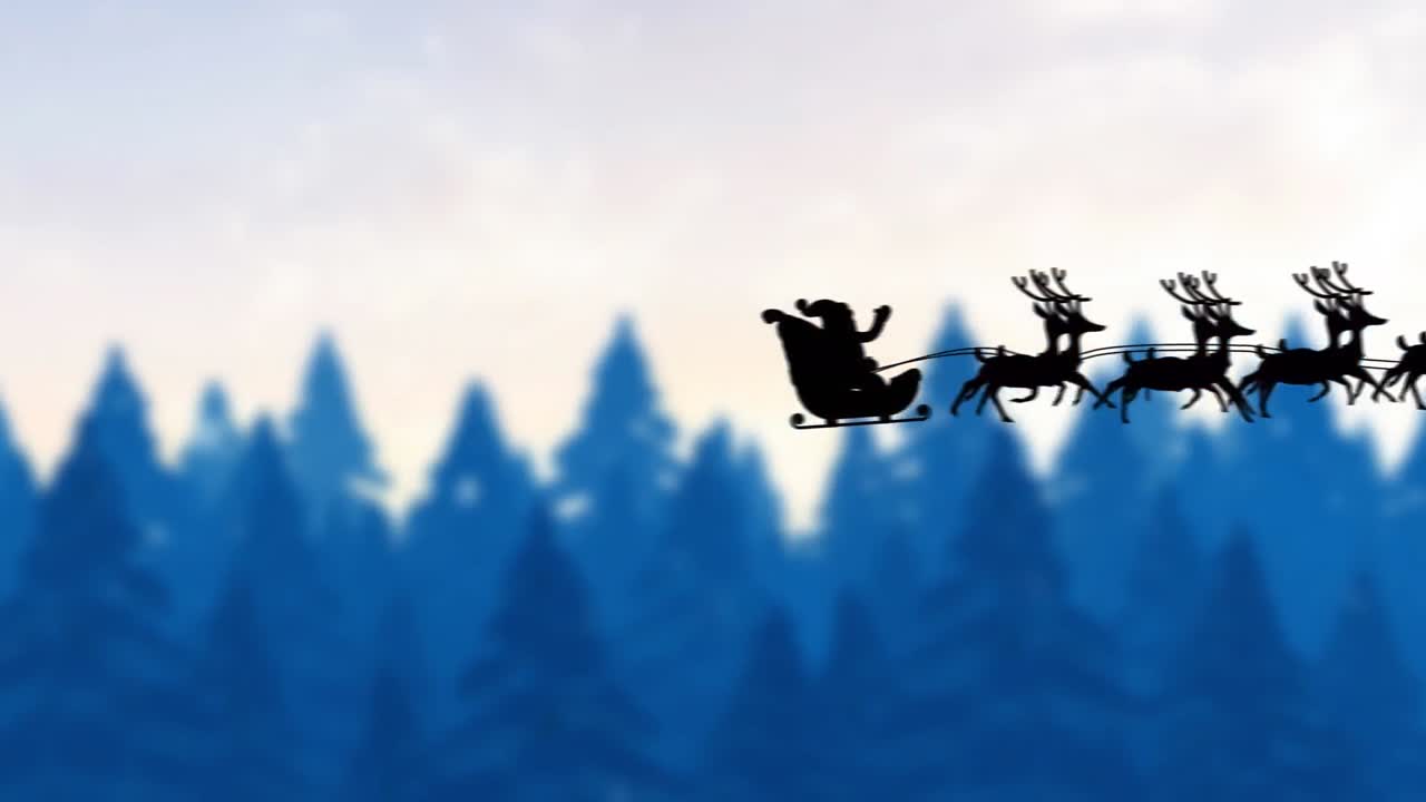 Animation of snow falling over christmas winter scenery and santa claus in sleigh