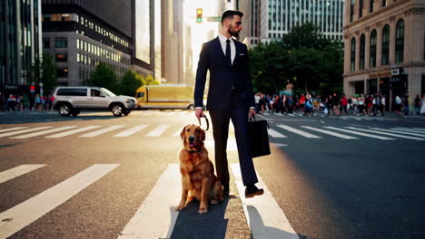un hombre de negocios paseando a su perro por la ciudad.