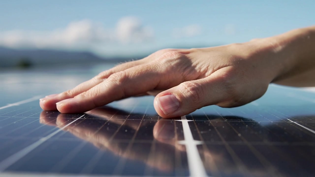Una mano adulta nuda scorre su un pannello solare vicino all'acqua dopo il contatto con la punta delle dita, con il riflesso visibile.