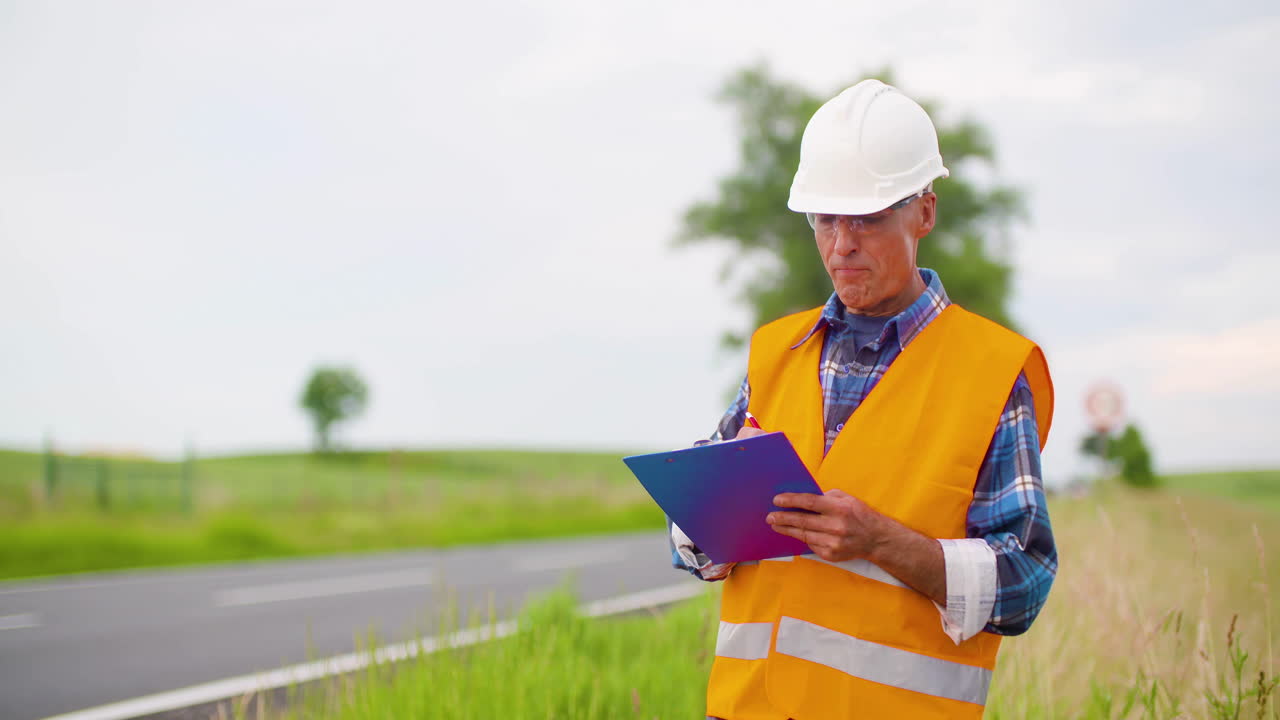 Engineer in Safety Vest Writing on Clipboard by Road