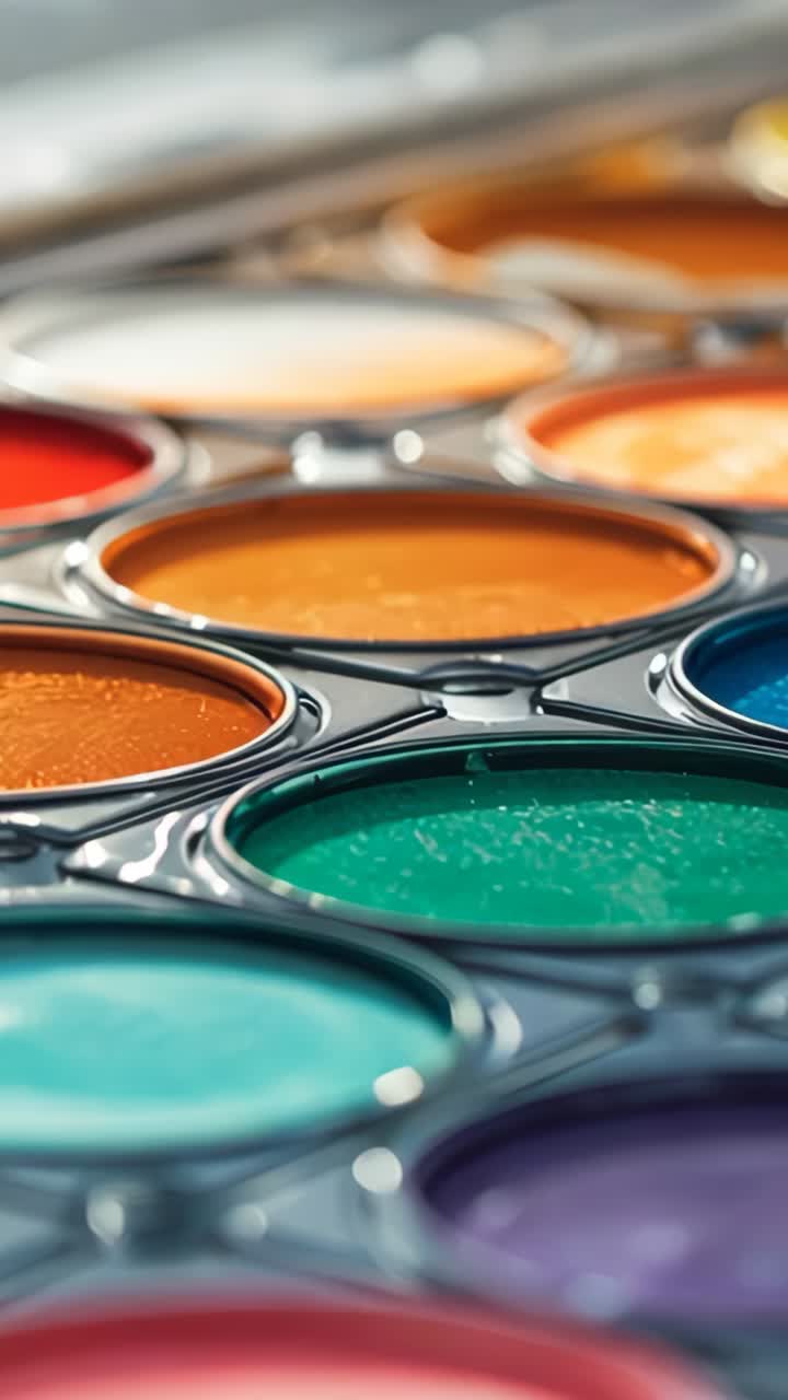 Vertical video: Opening shot camera panning watercolor palette on art desk emphasizing wet textures