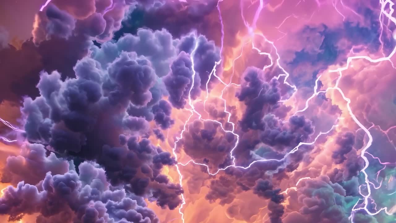 Dramatic video scene of vibrant lightning bolts cutting through swirling storm clouds