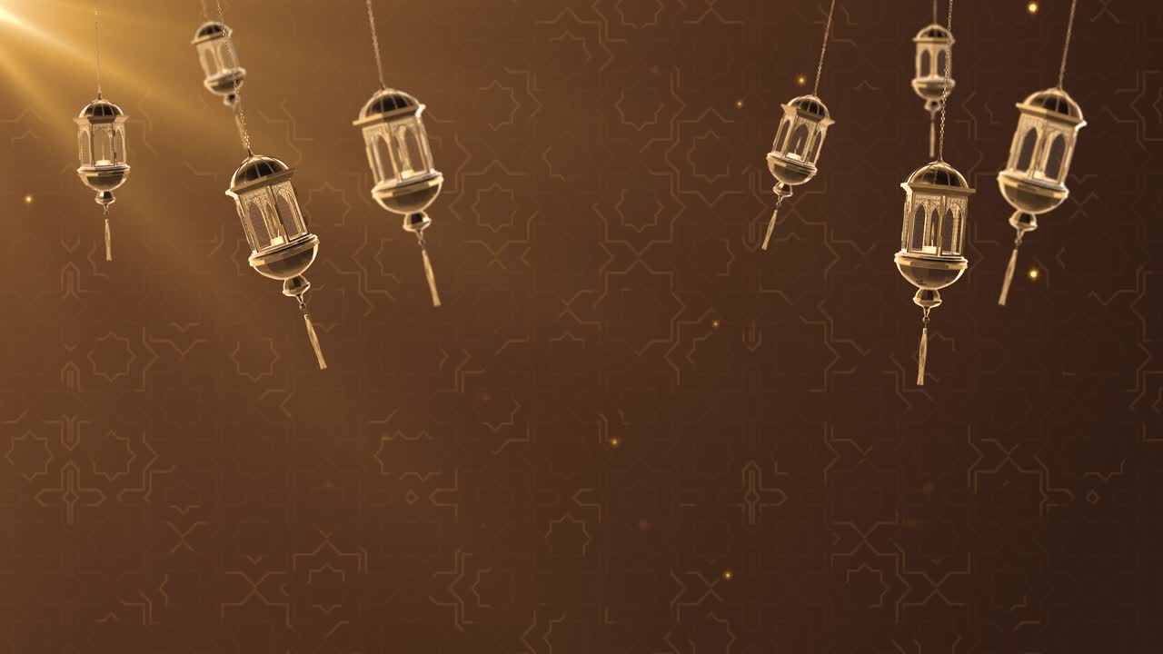 Glowing celebration greetings lantern hanging from ceiling golden background ramadan kareem islamic