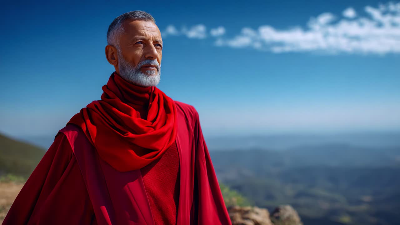 Una figura serena, avvolta in una veste rossa, contempla il paesaggio lontano, incarnando saggezza e tranquillità sullo sfondo di cieli azzurri e dolci colline.