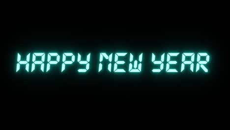 la inscripción feliz año nuevo en un fondo negro. color azul. fuente digital. animación 3d de un bucle sin costuras