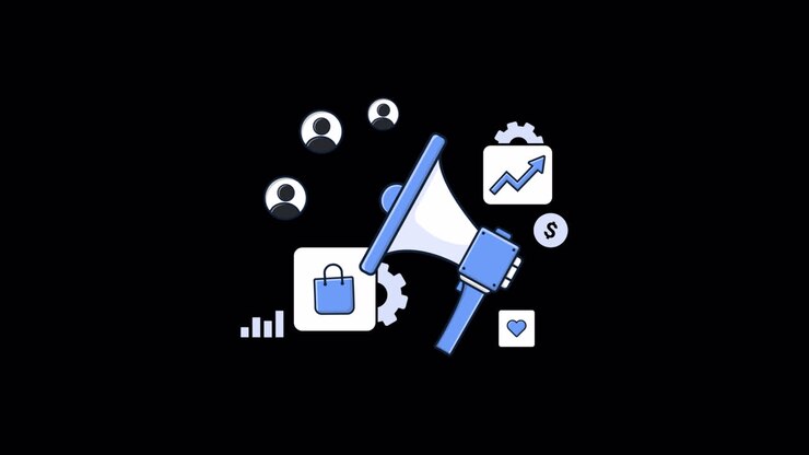 Megafono animato con icone di business growth e digital marketing