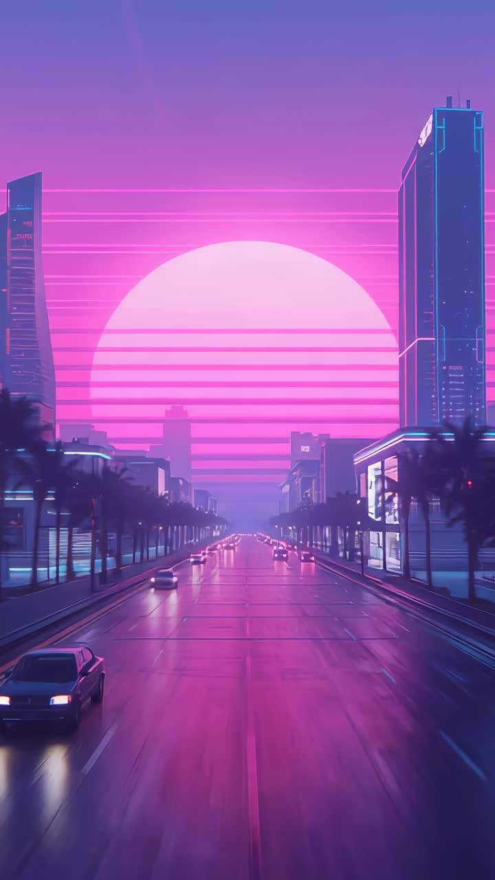 Vertical video: Tracking camera moving down wet boulevard toward neon sun, cars making light trails