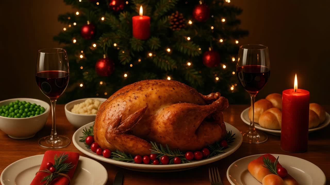 Festive holiday dinner scene with a roasted turkey, shot from a straight-on angle
